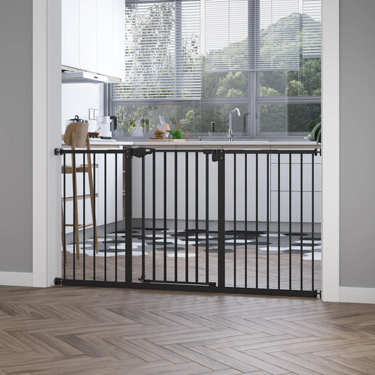 Retractable Pet Safety Gate with 3 Extensions and Adjustable Screws 76.2 x 152.3 cm - Black